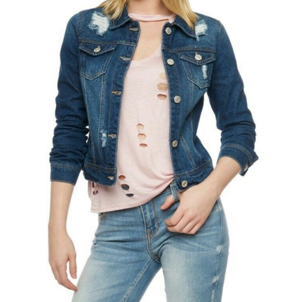 NEW Wax Jean Distressed Denim Jacket Medium Wash